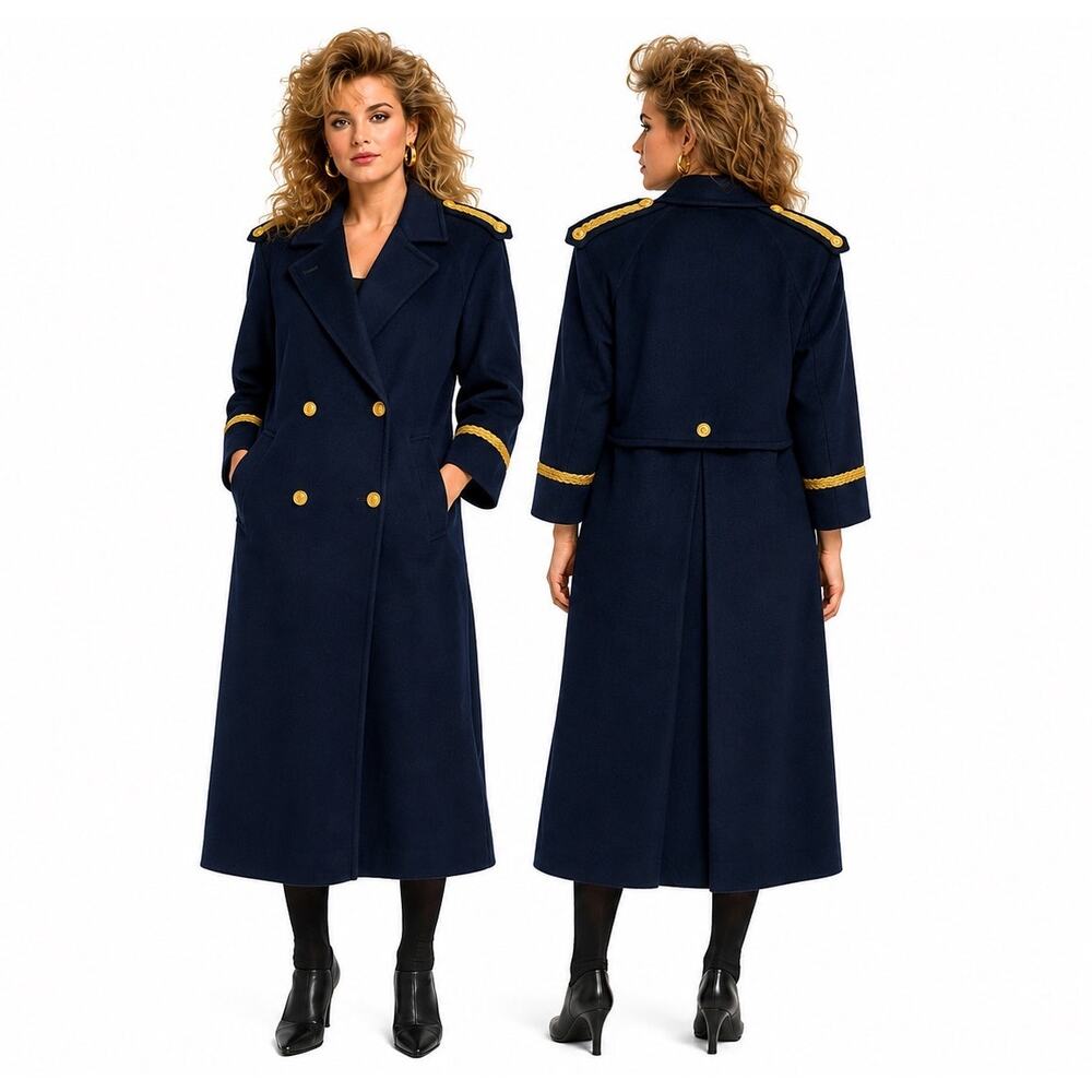 Vintage 1980s Charles Klein Forstmann Navy 100% Wool Military Coat Gold Trim S/M